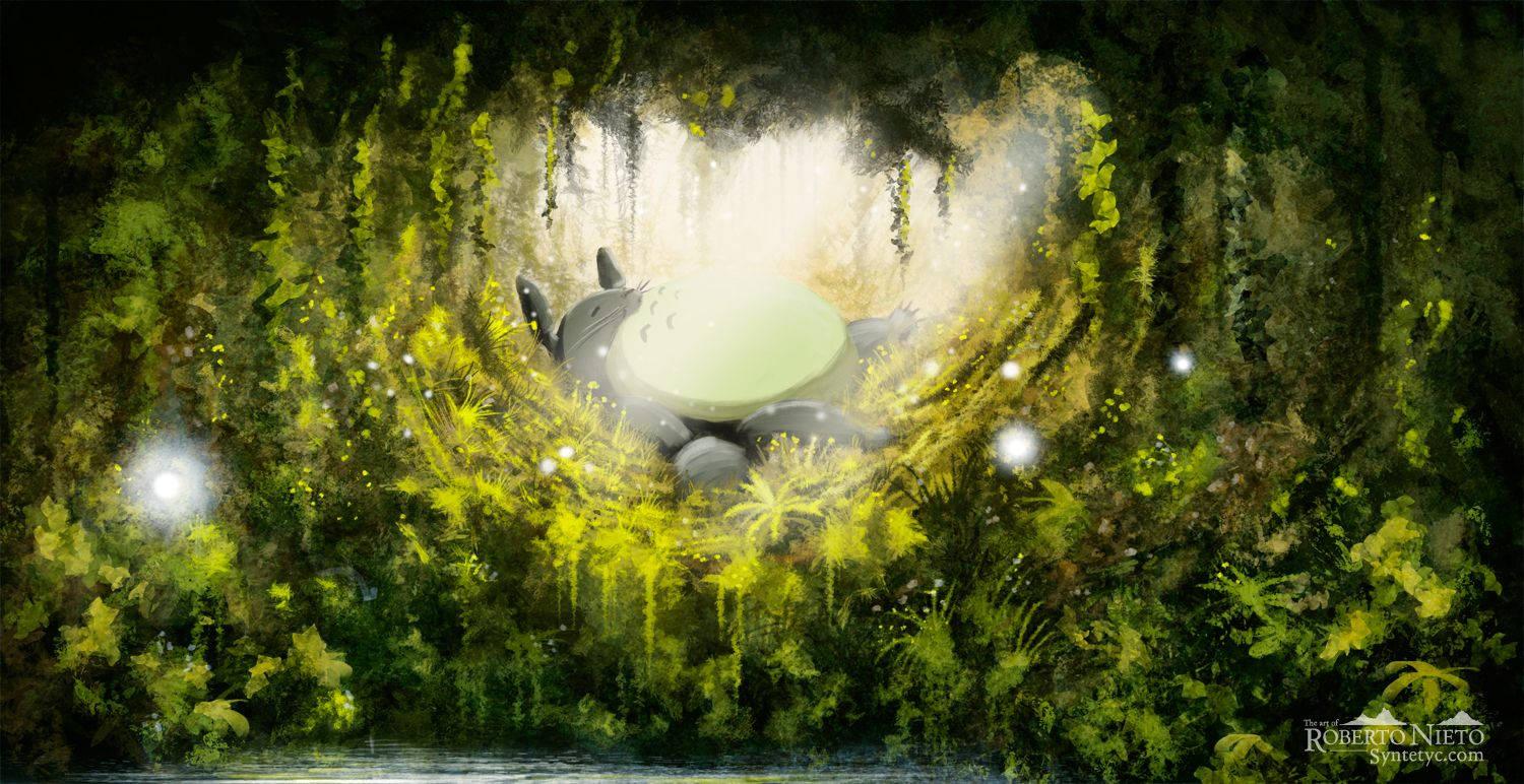 Totoro Sleeping Forest Leaves — 1500x772 wallpaper