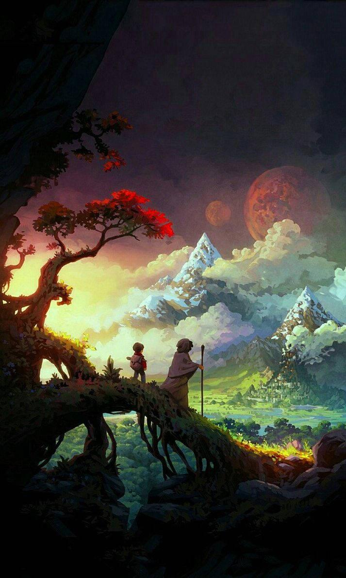 Travelers Overlooking Fantasy Landscape Phone — 713x1191 wallpaper