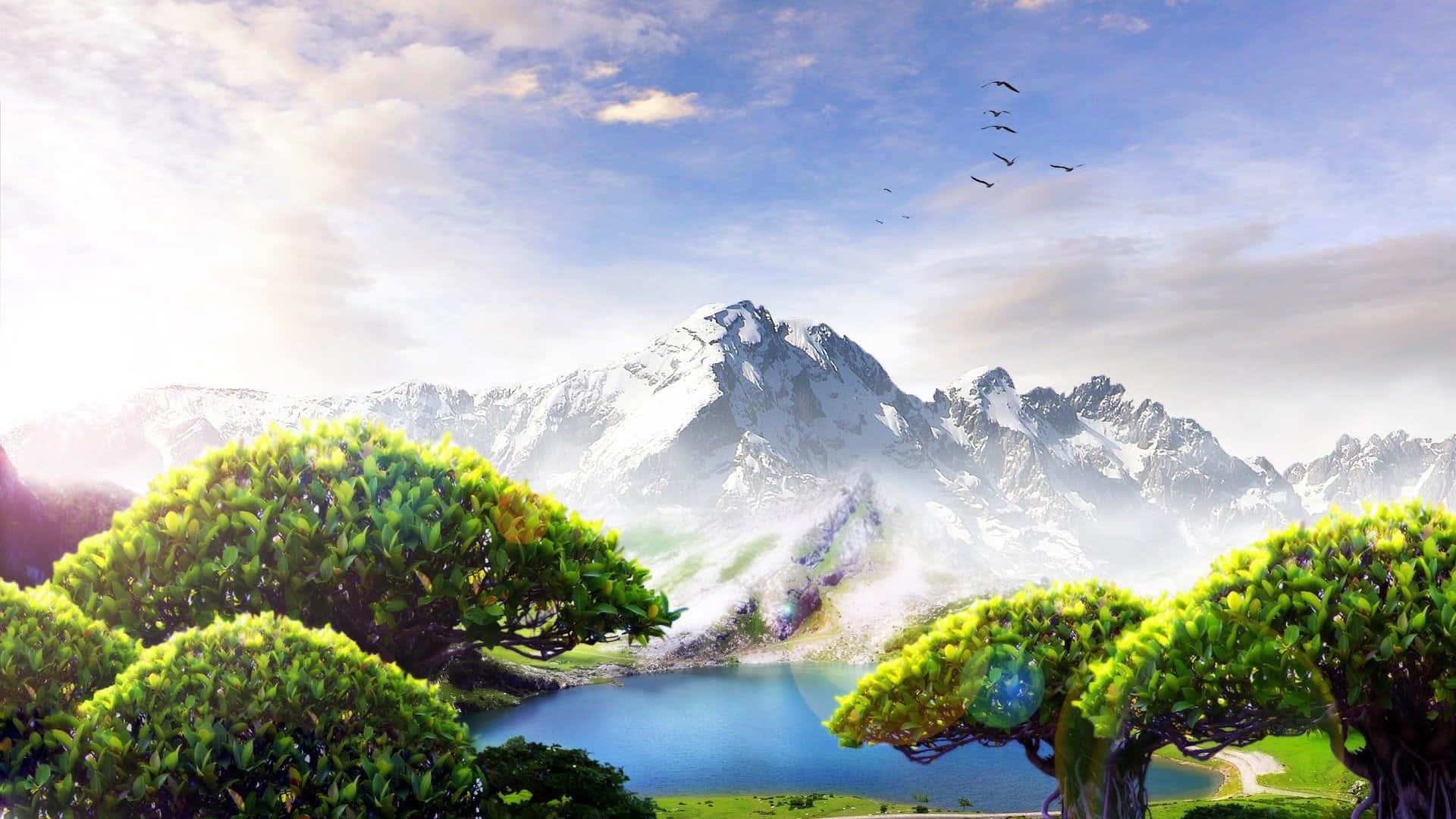 Trees And Mountain Landscape Art Picture — 1920x1080 wallpaper