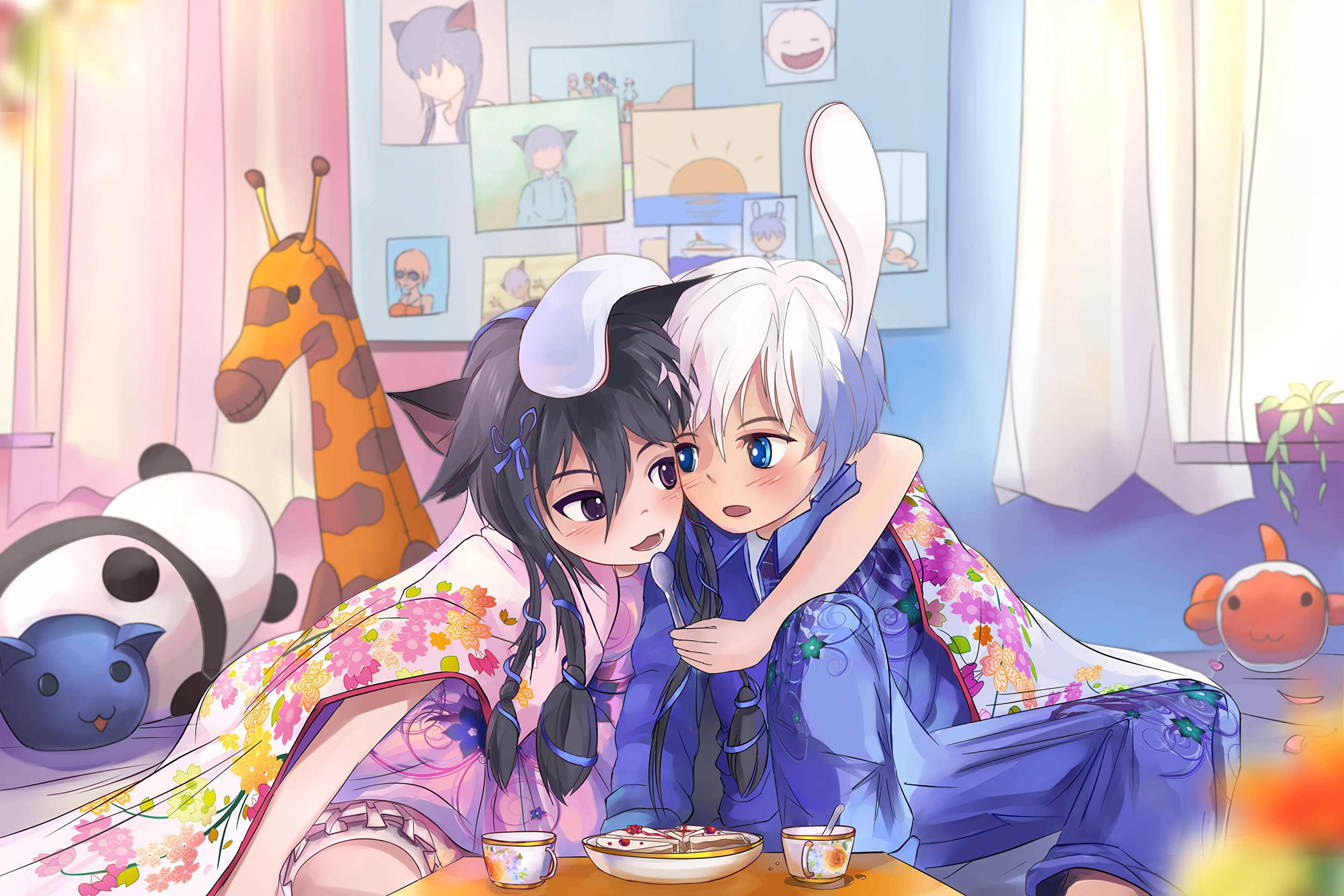 Two animated playmates embracing each other in an adorable hug — 3600x2400 wallpaper