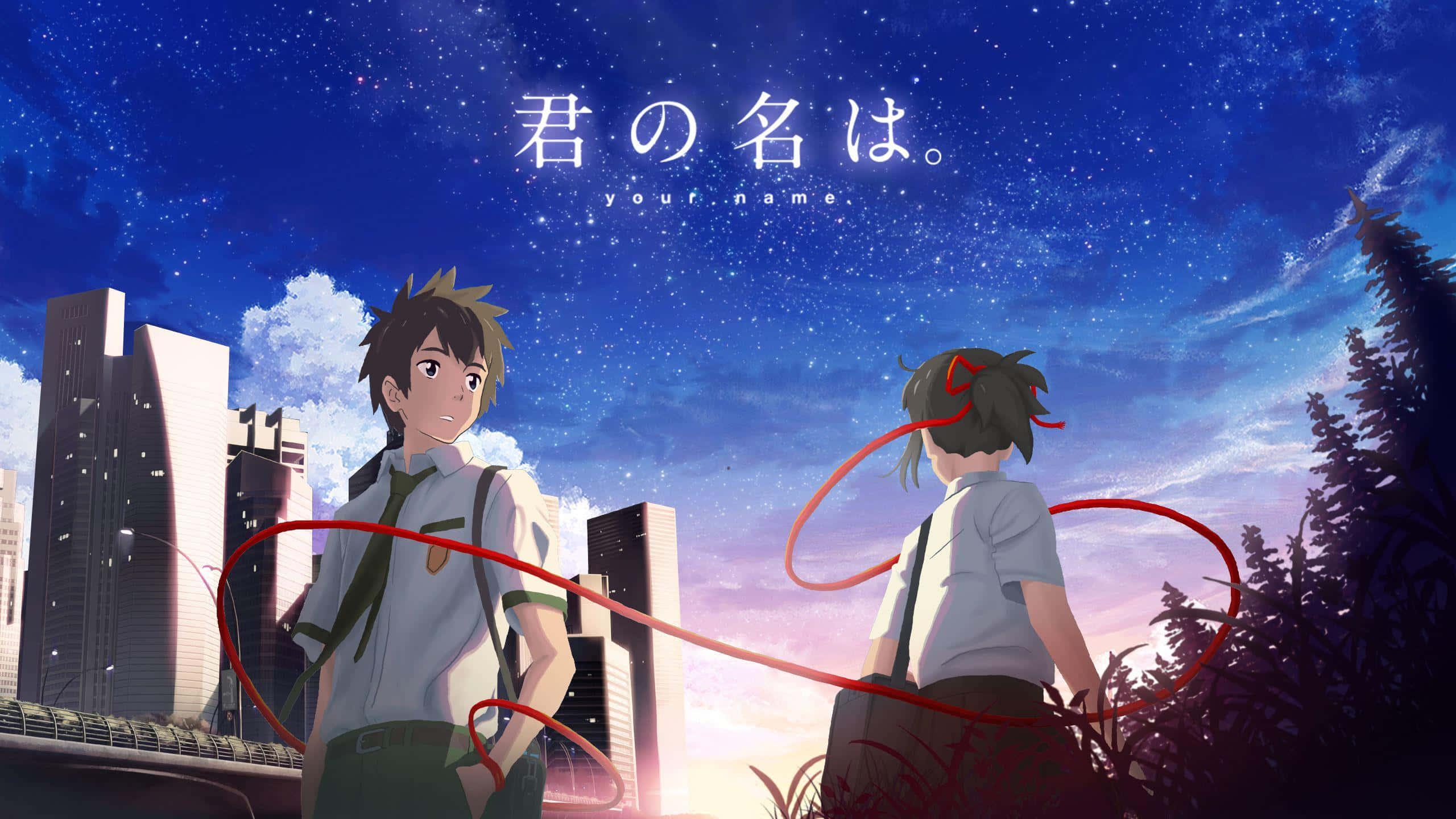 two anime characters standing in front of a city — 2560x1440 wallpaper