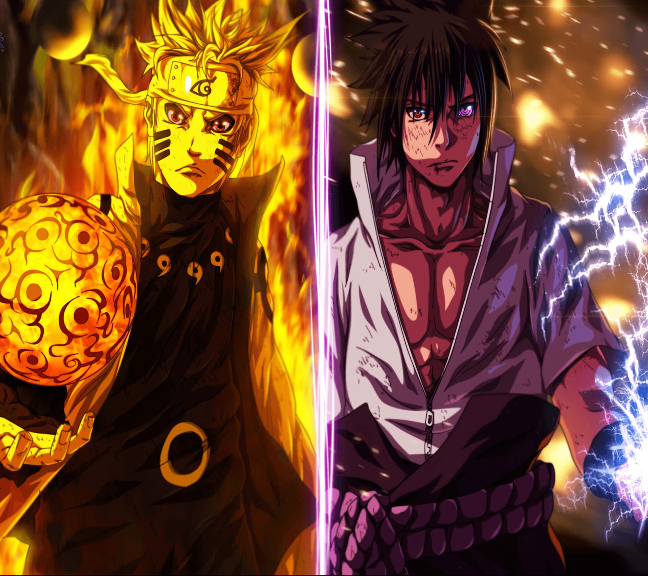 two anime characters with lightning and fire