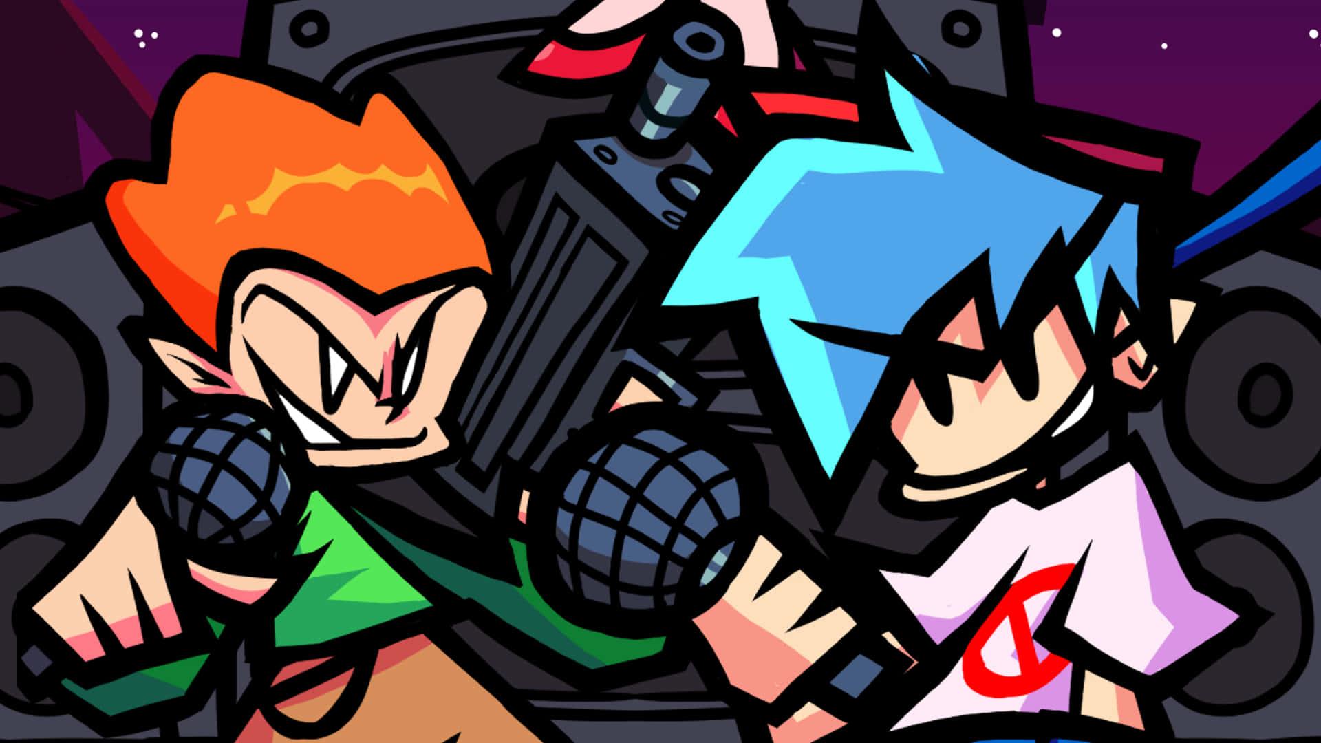 two cartoon characters with guns in front of a spaceship — 1920x1080 wallpaper