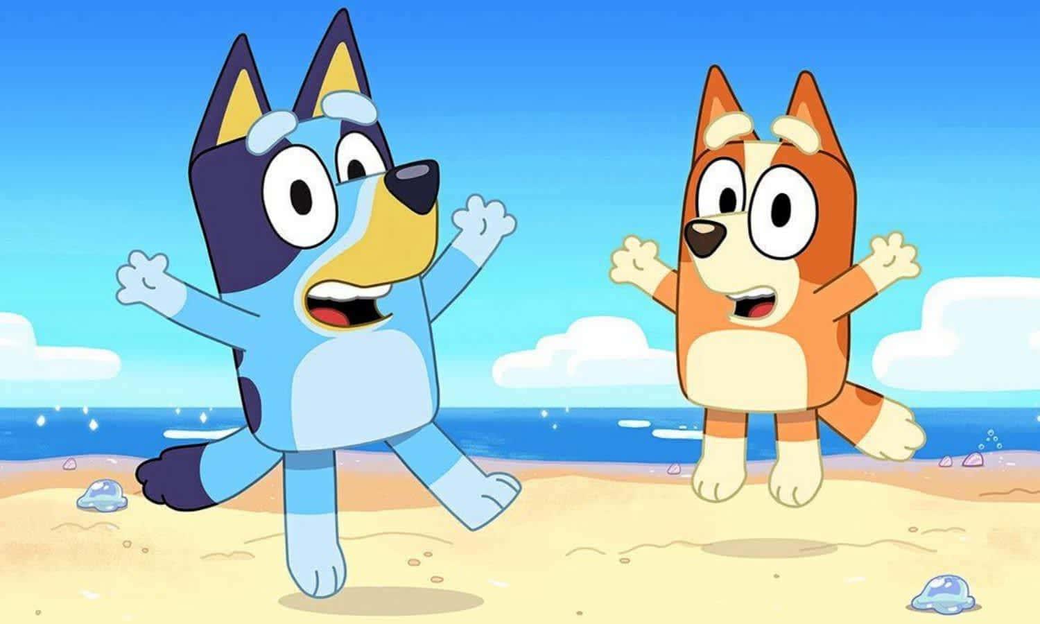 two cartoon dogs are jumping on the beach — 1500x900 wallpaper