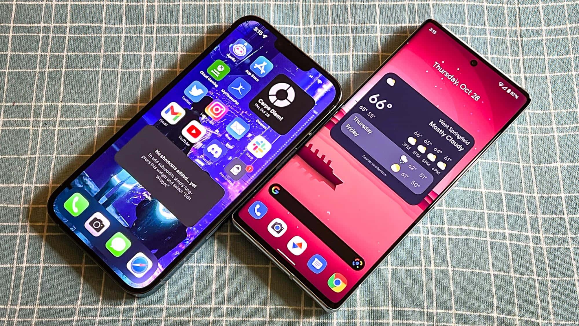 two iphones are shown side by side on a table — 2000x1125 wallpaper