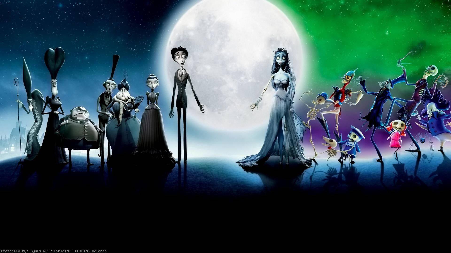 Two lovebirds of Halloween — Jack Skellington and Emily from The Nightmare Before Christmas and Corpse Bride — 1920x1080 wallpaper