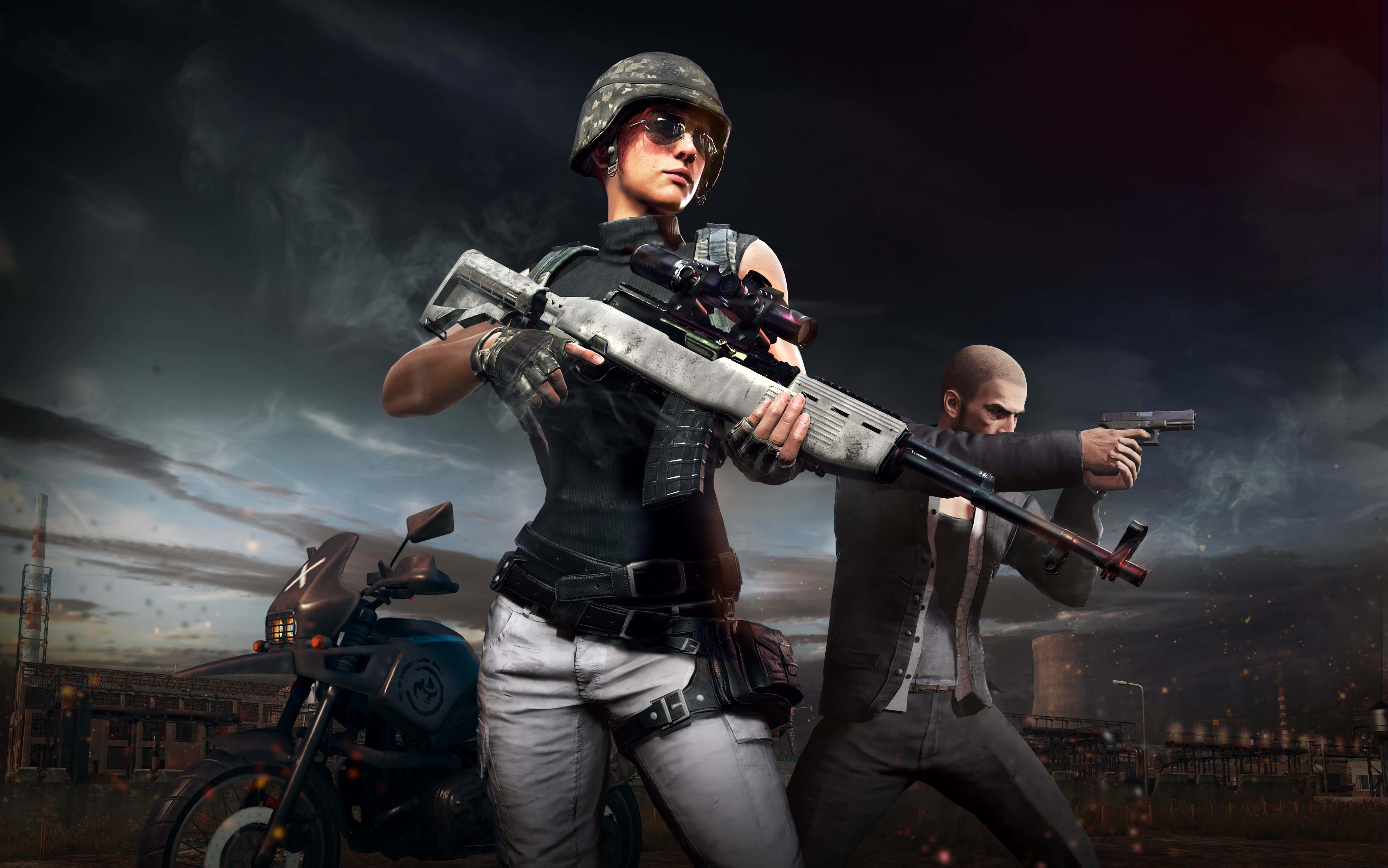two people with guns in front of a motorcycle — 5500x3438 wallpaper