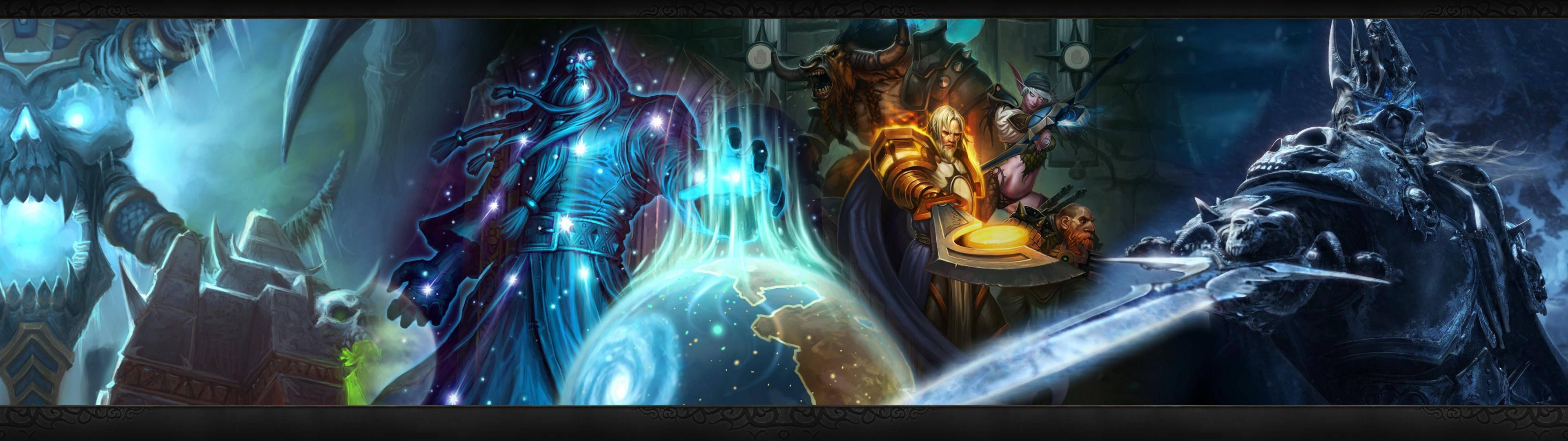 Two World of Warcraft Characters Fighting on Dual Monitor — 3840x1080 wallpaper
