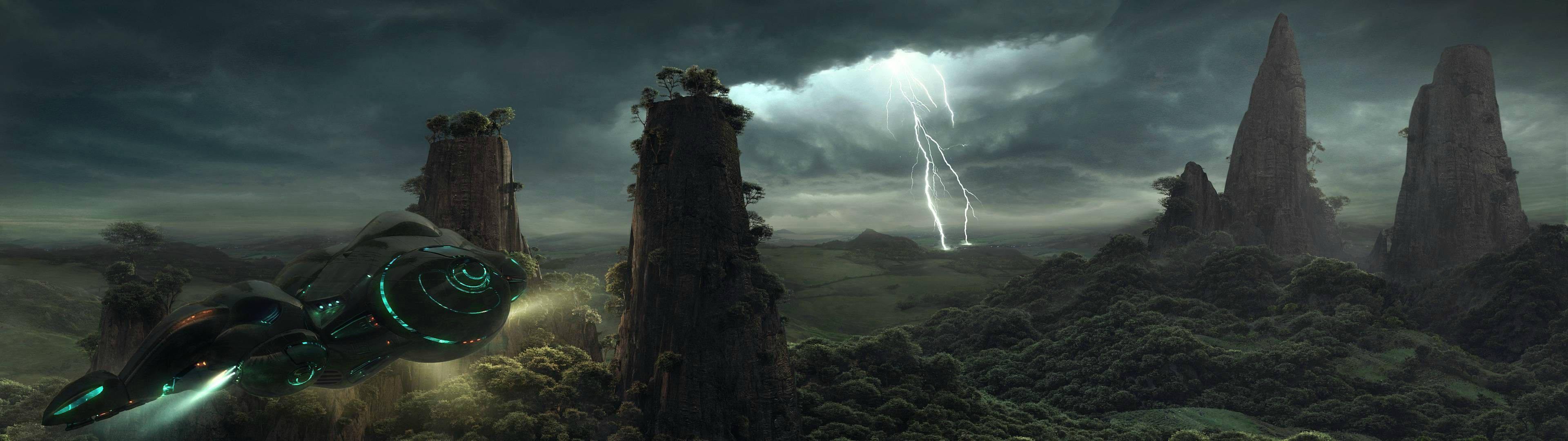 UFO Caught on Camera Above Majestic Mountains — 3840x1080 wallpaper