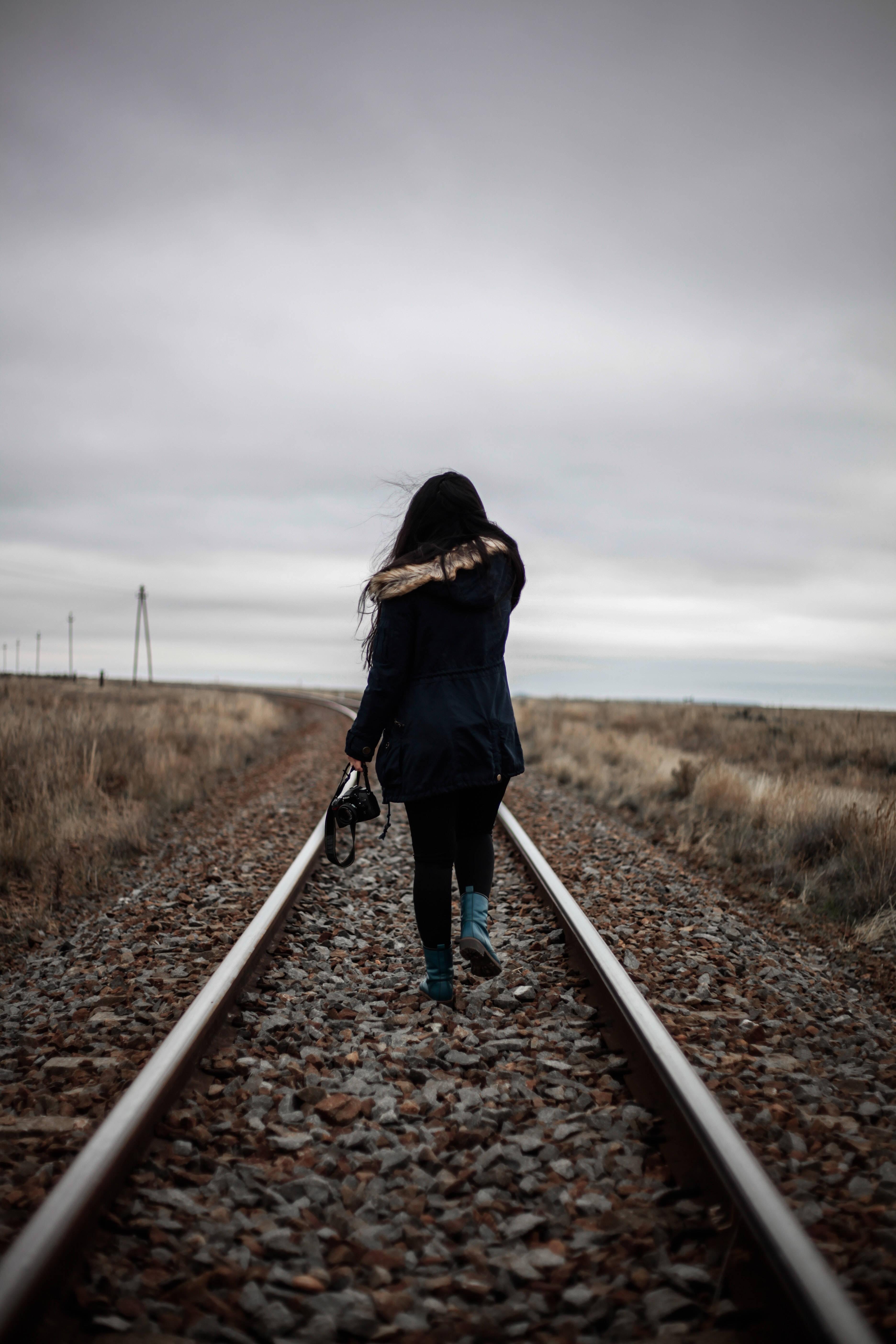 Winter Girl Alone Railway — 3744x5616 wallpaper