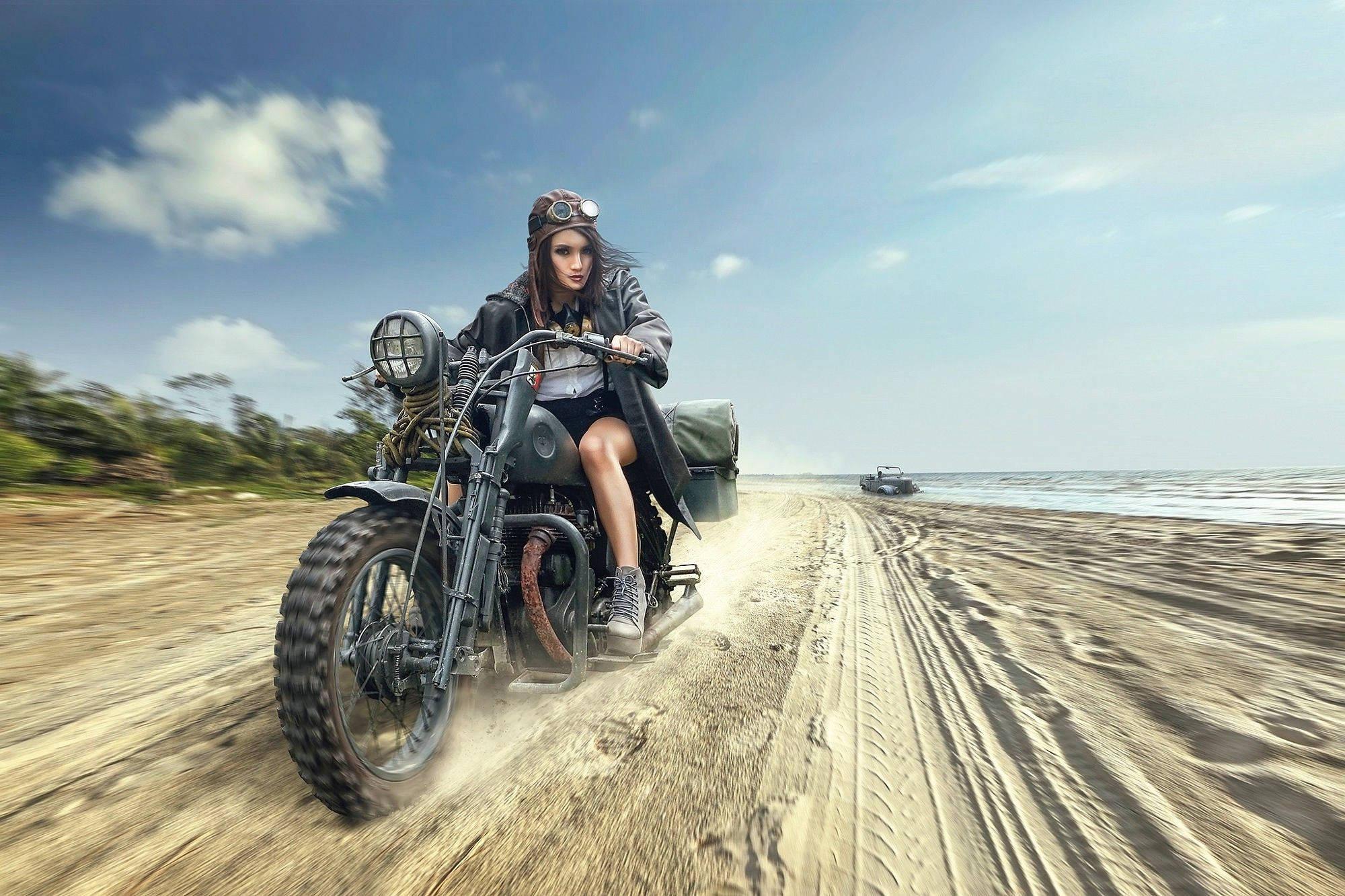 Woman Riding Motorcycle At Beach — 2000x1333 wallpaper