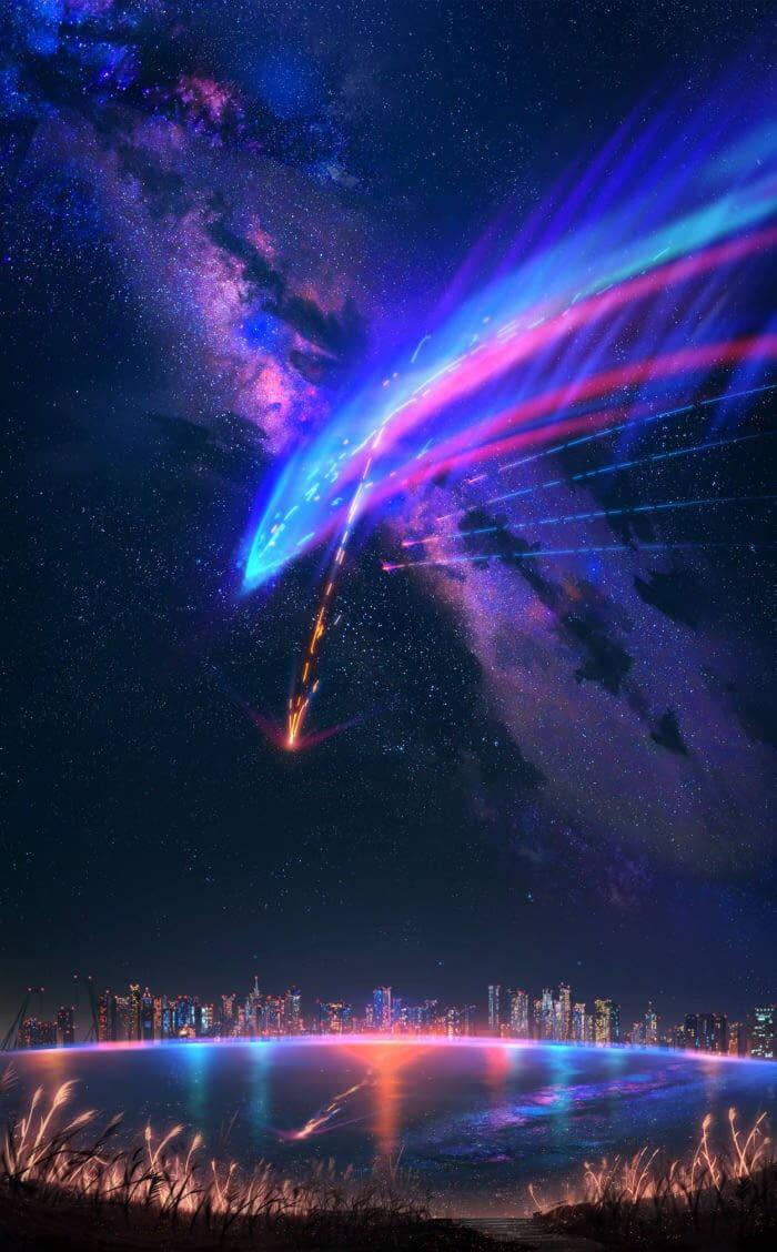 Your Name: A purple comet streaks across the night sky. — 700x1128 wallpaper