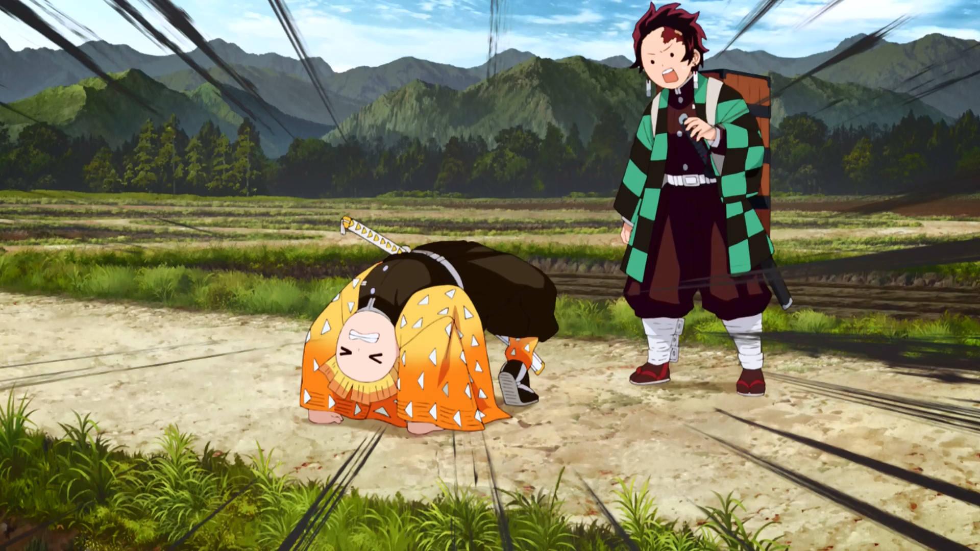 Zenitsu and Tanjiro take a moment of respite to look out on a beautiful, mountainous landscape. — 1920x1080 wallpaper