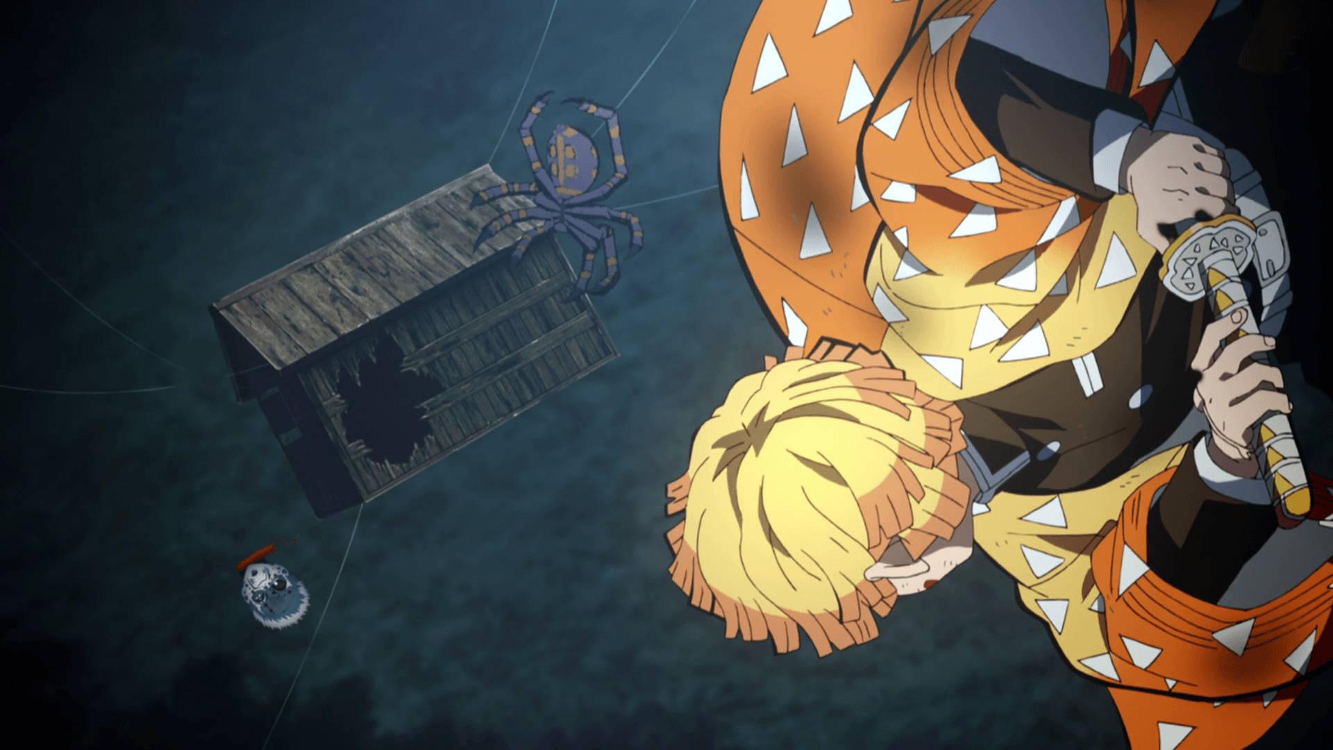 Zenitsu fights a giant demon spider — 1920x1080 wallpaper